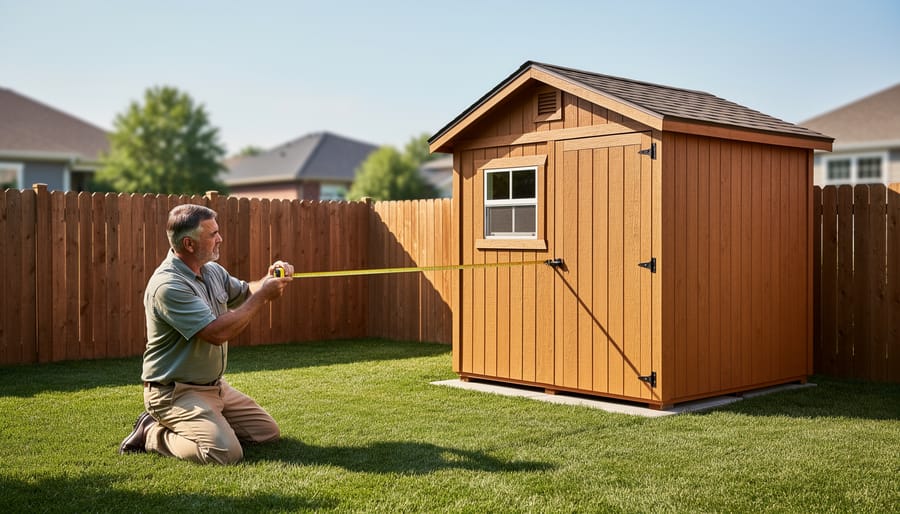 Garden shed positioned near property line fence showing setback measurement distance