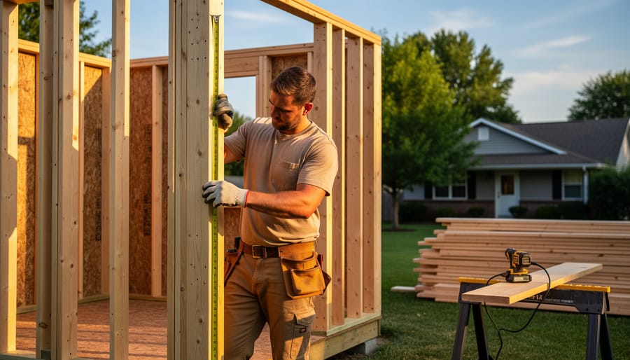 Carpenter measuring a 2x4 stud on a partially framed wooden shed at golden hour, with sharp structural details and a suburban backyard softly blurred in the background.