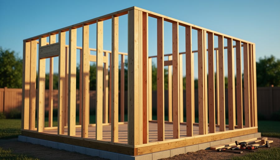 Wooden shed frame showing studs, plates, and structural lumber during construction