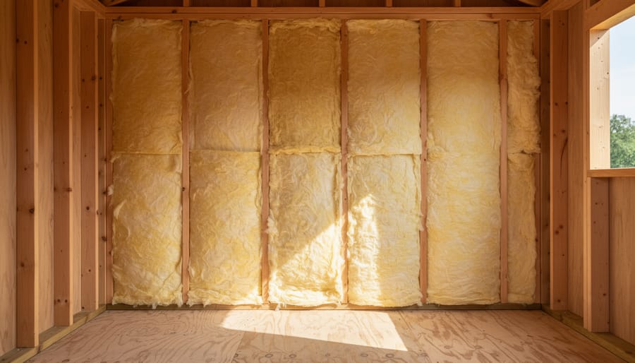 Fiberglass insulation batts installed between wooden wall studs in shed