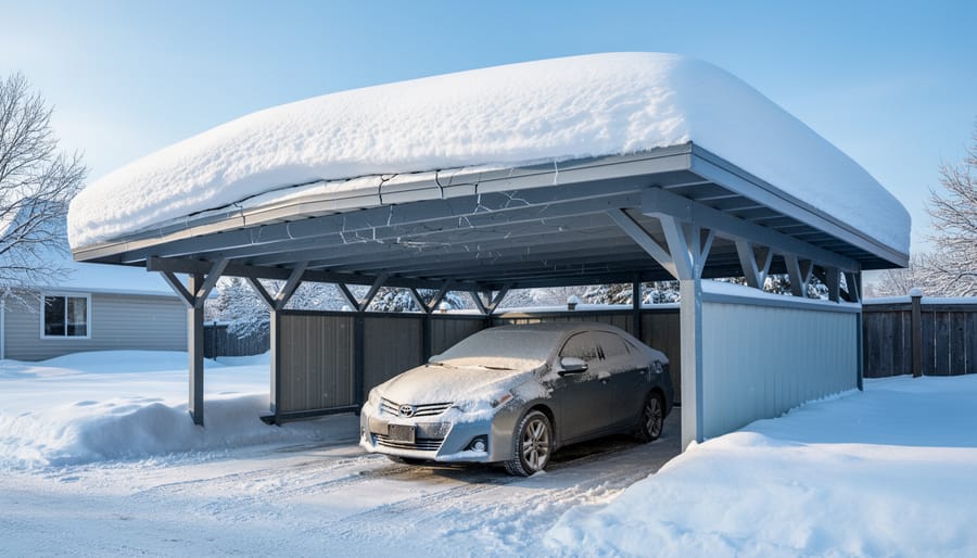 Heavy snow load accumulated on carport roof showing structural stress and sagging