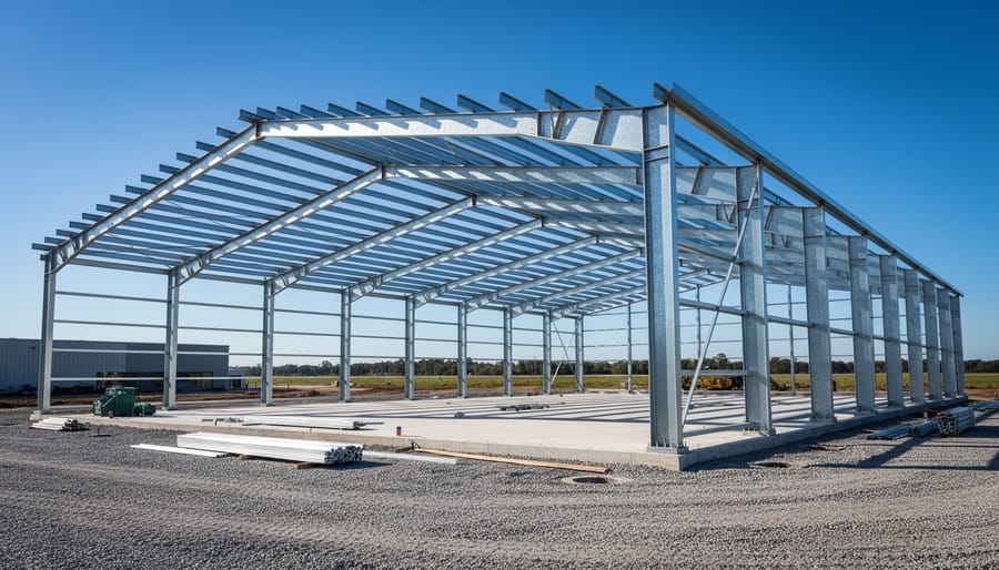 Partially built storage shed showing light gauge steel frame construction