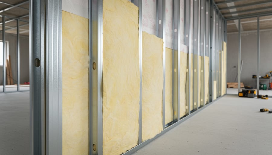 Construction worker installing insulation between light gauge steel framing studs