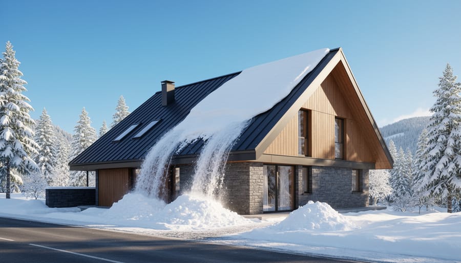 Steep pitched metal carport roof with snow sliding off in winter mountain setting