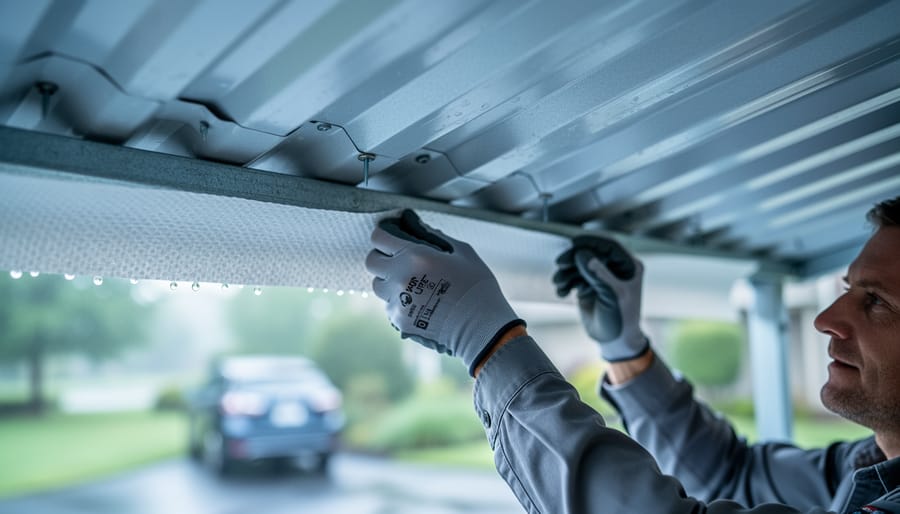 Low-angle view inside a metal carport showing a worker attaching a white anti-condensation membrane to the underside of corrugated roof panels, with water droplets on uncovered metal and a car parked below in soft focus.