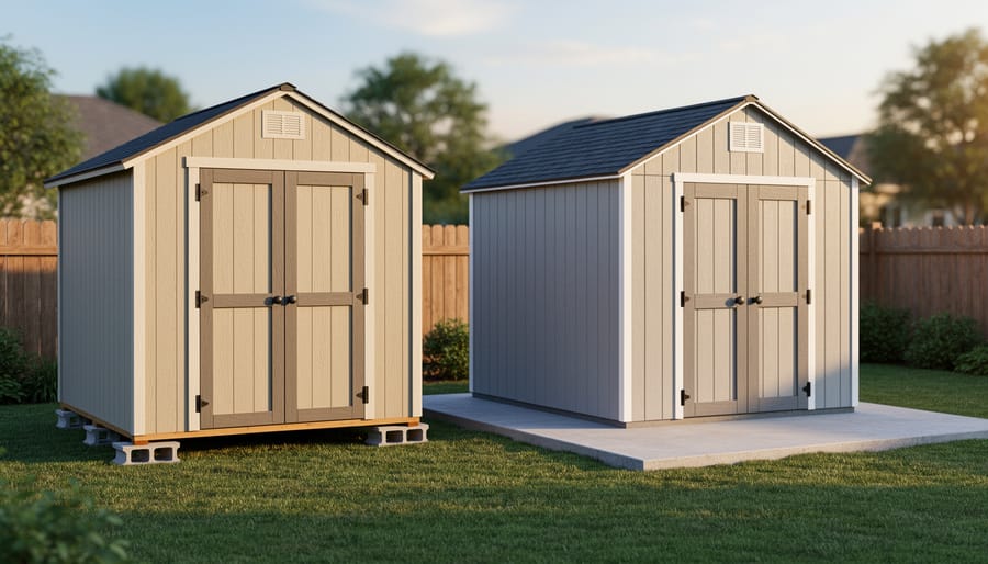 Wooden storage shed on non-permanent foundation in residential backyard