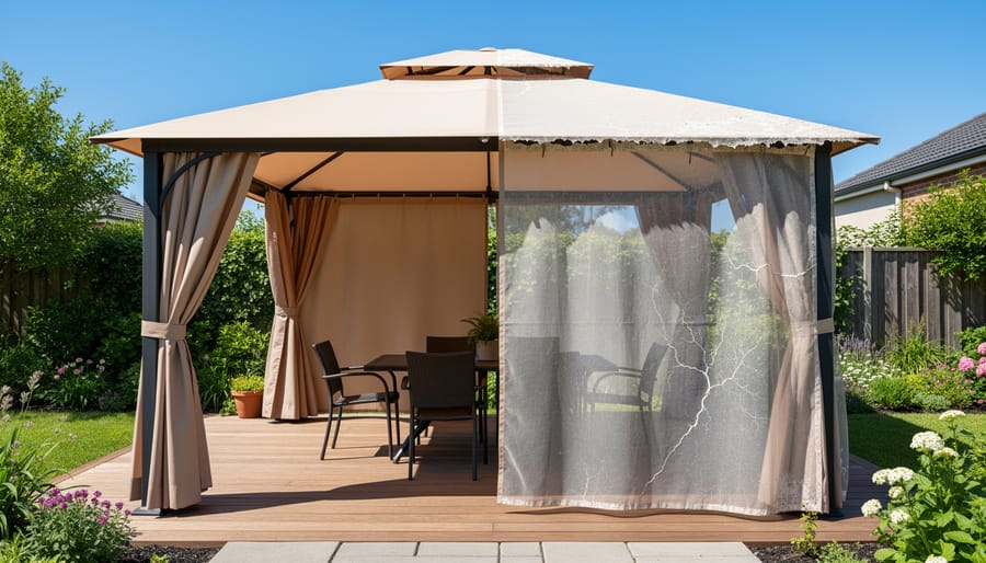 Close-up of deteriorated gazebo canopy fabric showing UV damage and fading
