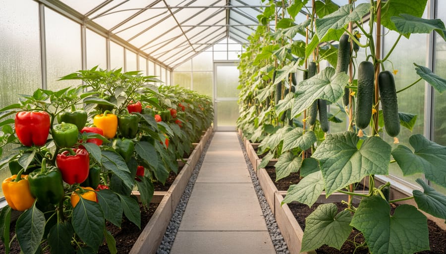Healthy pepper and cucumber plants producing fruit in greenhouse warm zone