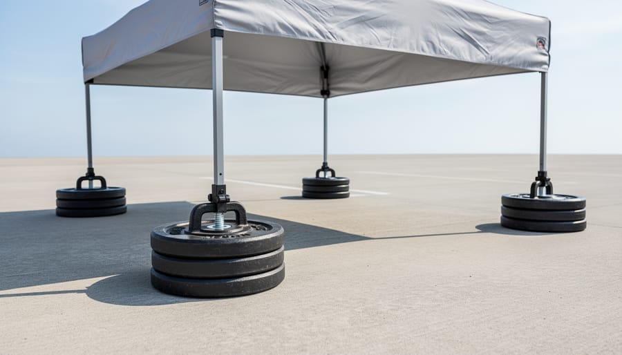Weight plates anchoring canopy tent leg on concrete surface