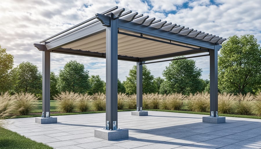 Aluminum pergola with louvered roof and retracted canopy securely anchored to concrete footings on a paver patio, with wind-swept grasses, trees, and fast-moving clouds in a suburban backyard.