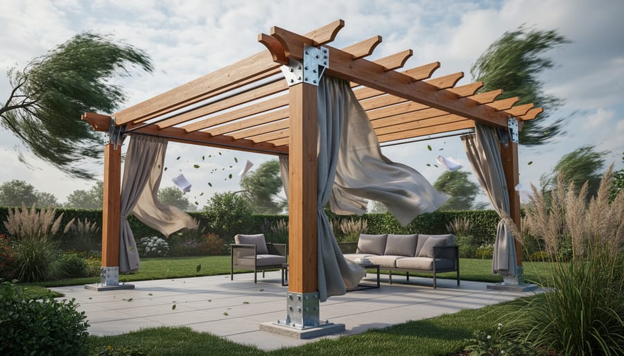 Aluminum pergola with louvered roof standing firm in windy weather conditions