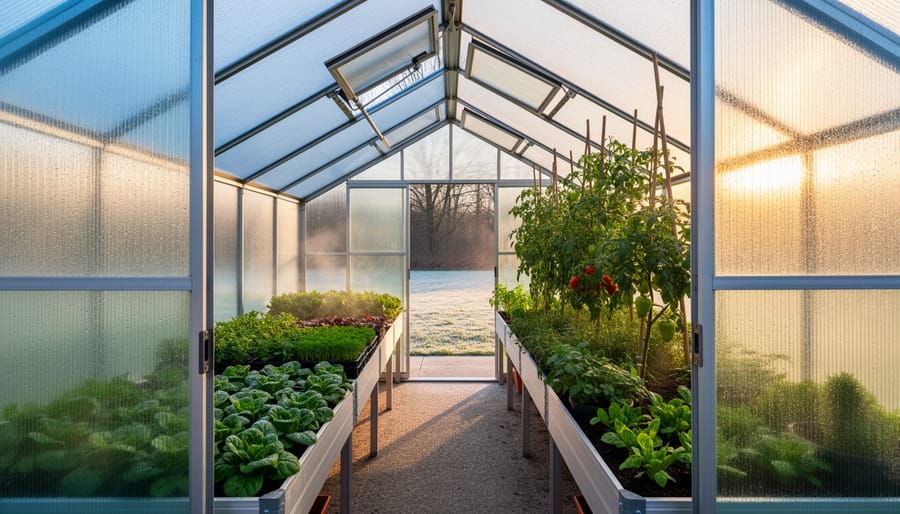 View from the greenhouse doorway showing polycarbonate panels, roof vents open, bubble-wrap insulation on the north wall, and zoned plantings—tomatoes and peppers in the sunny south beds, greens at center, and lettuce/spinach along the cooler north row—with soft morning light and a lightly frosted yard outside.
