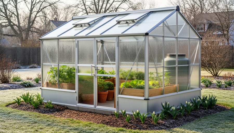 Polycarbonate greenhouse in backyard garden setting during early spring