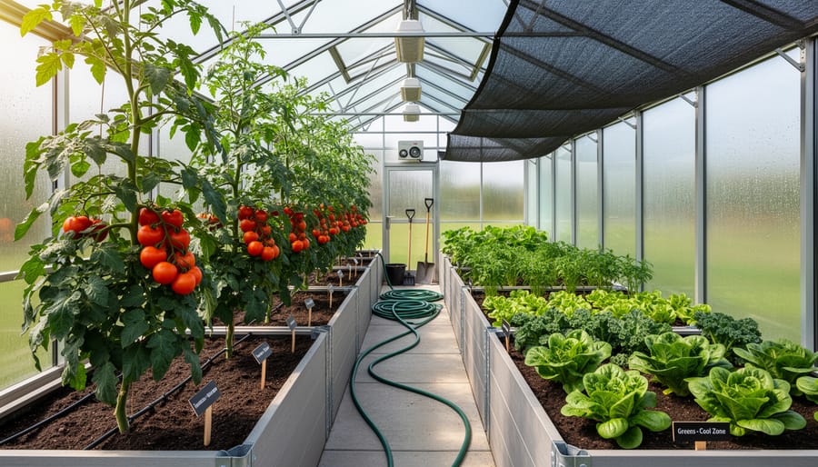 Interior of greenhouse showing separated zones for tomatoes and leafy greens