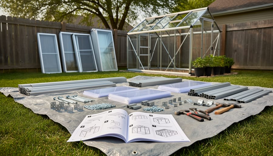 Homeowner kneeling beside greenhouse kit components including metal frame tubes, polycarbonate panels, and hardware bags