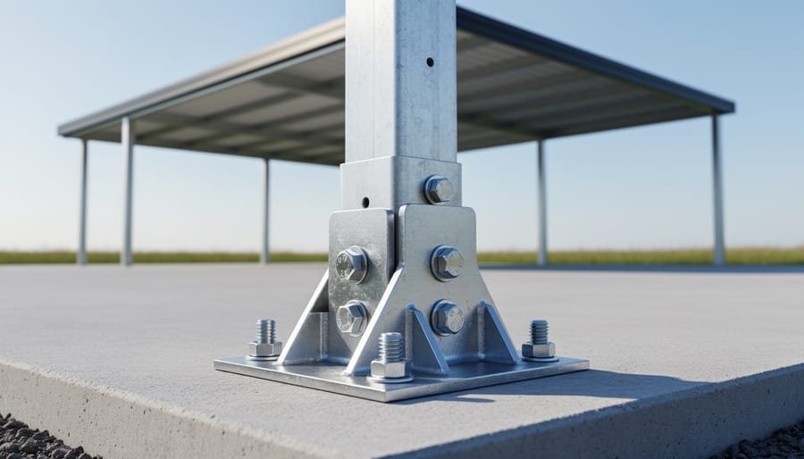 Close-up of galvanized anchoring and mounting plates secured to concrete for a carport