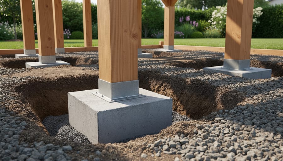 Excavated footing hole with concrete-related tools and materials near a residential yard
