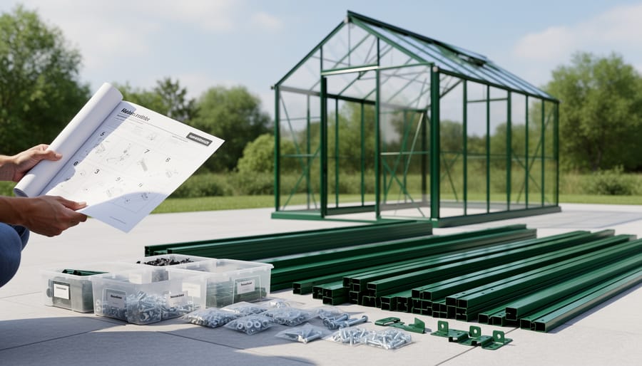 “Hands holding a rolled greenhouse instruction sheet next to hardware and a partially assembled green greenhouse frame in daylight”