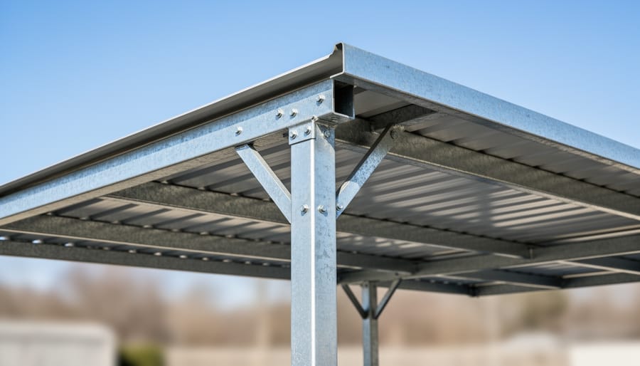 Galvanized carport frame showing posts, beams, and roof panels in natural daylight