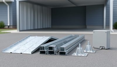 Galvanized steel carport components including roof panel sections, support posts with braces, anchor base plates, and an outdoor electrical box with conduit arranged for comparison.