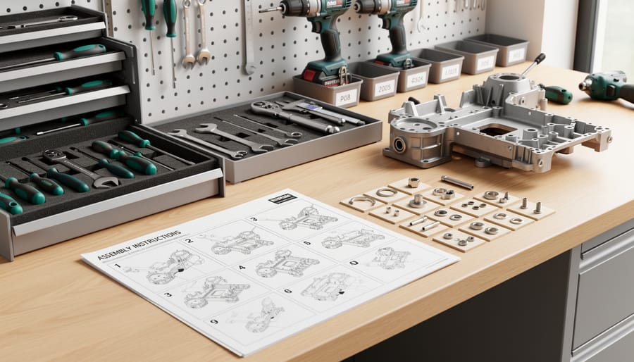 Tools and greenhouse hardware laid out on a workbench near a garage entrance