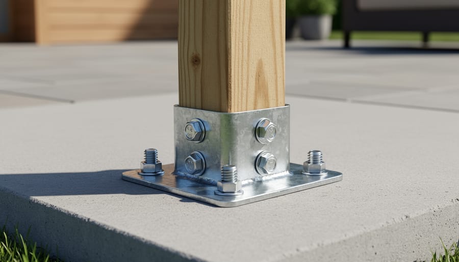 Close-up of a pergola post base bracket bolted to a concrete slab