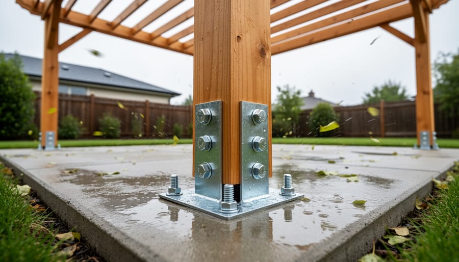 Wooden pergola with visible post bases and hardware on a patio during rainy, overcast weather