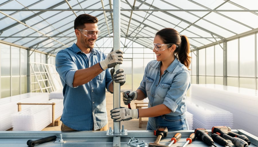 Two people lifting and stabilizing a greenhouse frame section during assembly outdoors