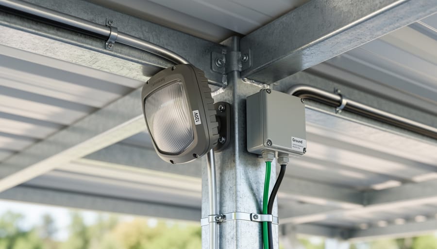 Weatherproof outdoor light fixture and galvanized conduit connected to a carport structure