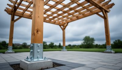 Close view of a backyard pergola’s posts anchored with heavy-duty brackets and concrete footings on a patio surface under an overcast sky.