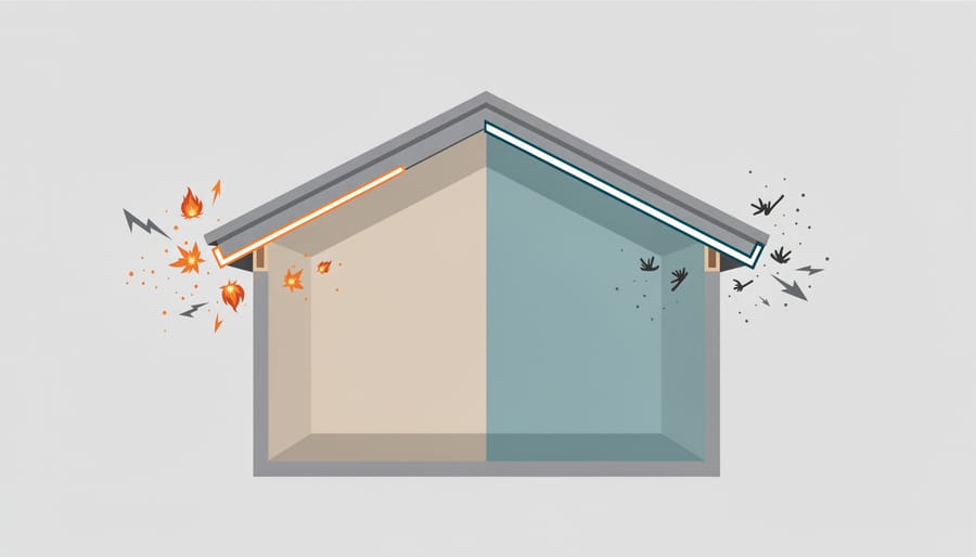 Close-up of a sealed fascia-to-soffit junction under a residential eave showing a protective barrier.