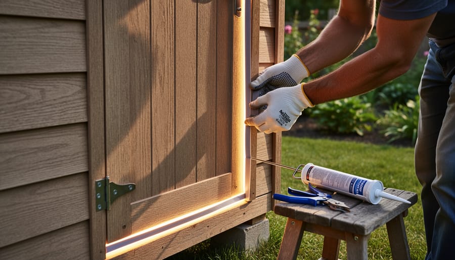 Close-up of hands sealing the bottom of a shed door with acoustic caulk and fitting a door sweep.