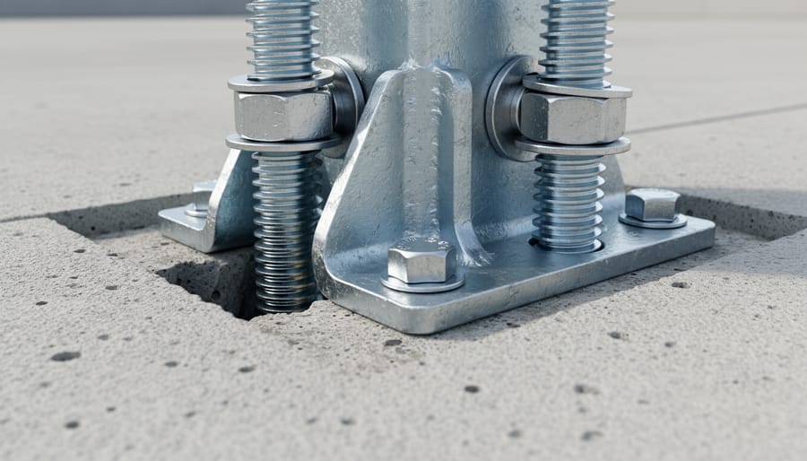 Close-up view of gazebo anchor bolts and metal brackets secured to a concrete pad