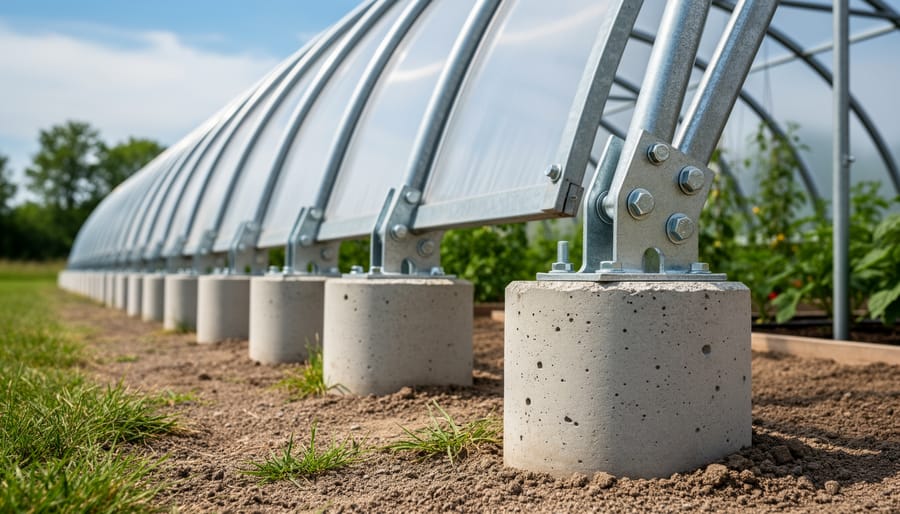 Concrete pier pads with embedded anchor bolts beside gravel drainage for greenhouse foundation support