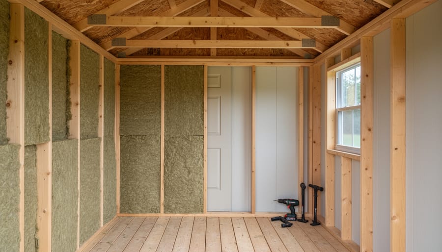 DIYer lining shed wall studs with acoustic insulation and preparing for barrier installation.