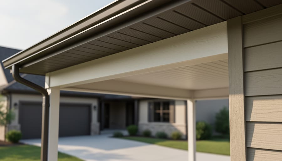 Close-up of an attached carport’s roof overhang where the eaves are enclosed at the point it meets the house wall for fire protection.