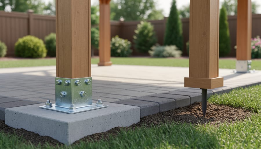 Gazebo installation examples showing one gazebo anchored to poured concrete footings and another secured with ground stakes