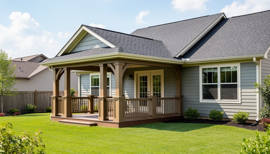 Gazebo pavilion attached to the side of a house with matching roof structure