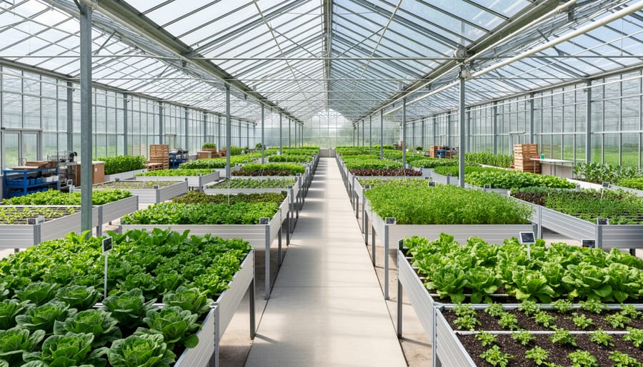 Green seedlings growing inside a quonset greenhouse with an arched interior view down the aisle