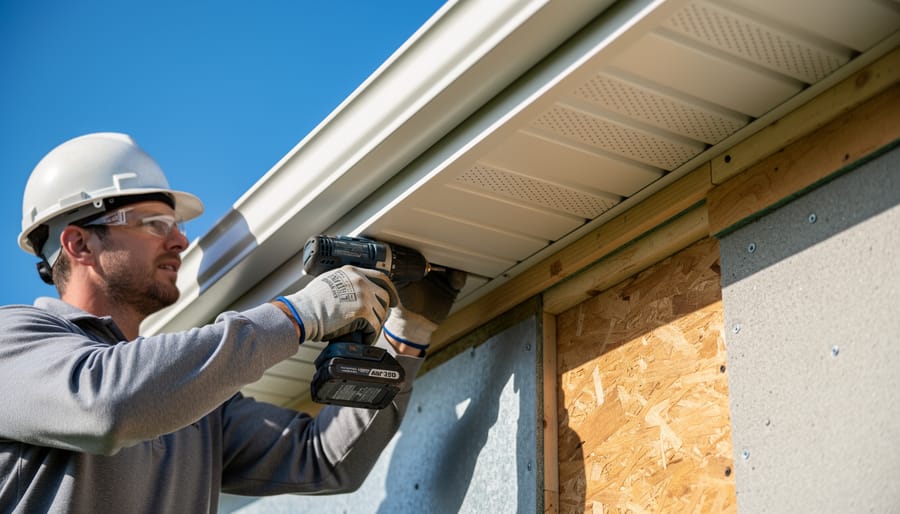 Homeowner installing soffit panels under the eave of an attached carport using a drill while standing on a ladder.