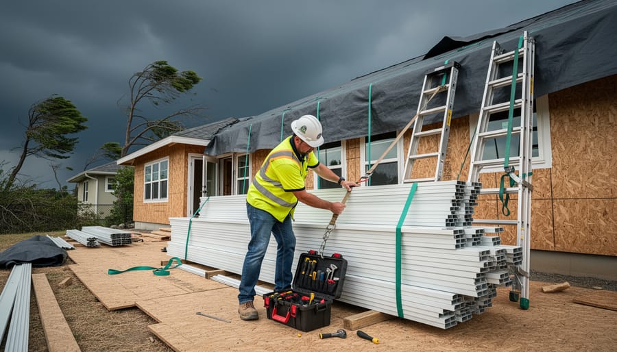 Homeowners securing gazebo components with straps while preparing for an incoming storm