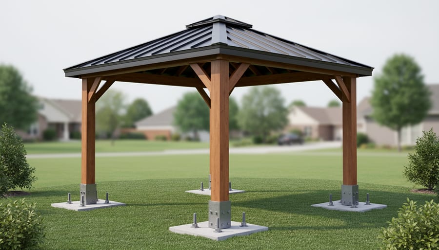 Backyard gazebo with a metal roof anchored to concrete footings, suggesting a permanent structure classification.