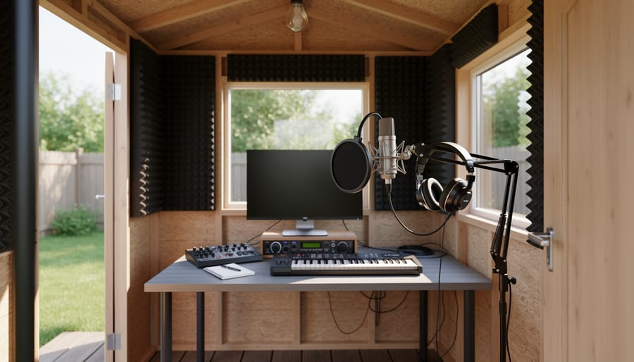 Person wearing headphones in a backyard shed recording space with a microphone and guitar.