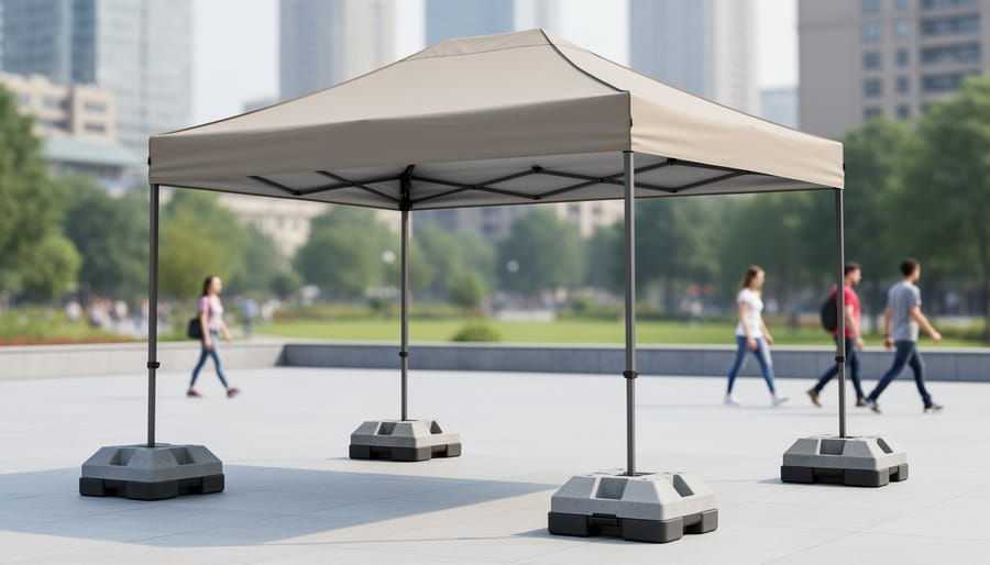 Portable gazebo with fabric canopy resting on weighted bases on a stone patio