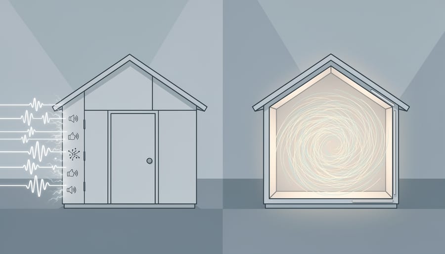 Quiet shed office interior symbolizing reduced sound leakage through a properly sealed door.