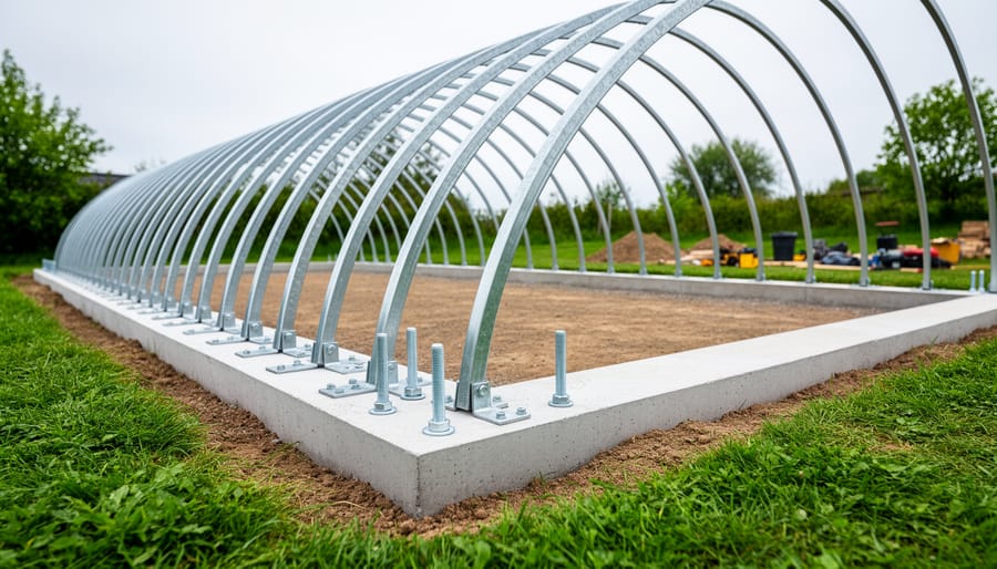 Steel quonset greenhouse hoops connected to an anchored concrete foundation with visible base plates and anchor bolts, showing drainage-friendly site grading.