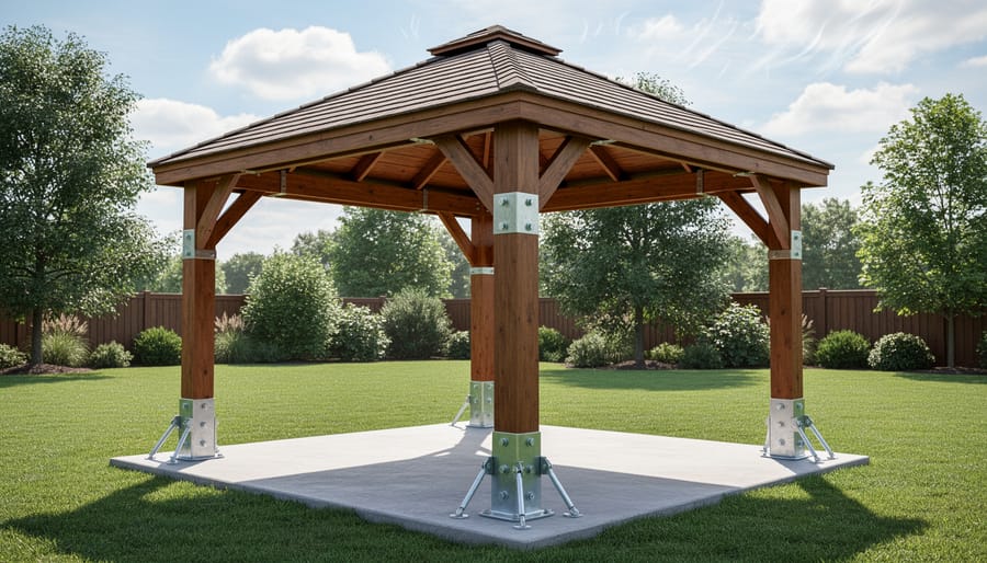 Residential gazebo with pitched vented roof and anchored base shown in a well-lit yard