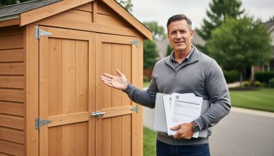 Homeowner reviewing shed warranty paperwork next to a newly installed storage shed on a residential property.