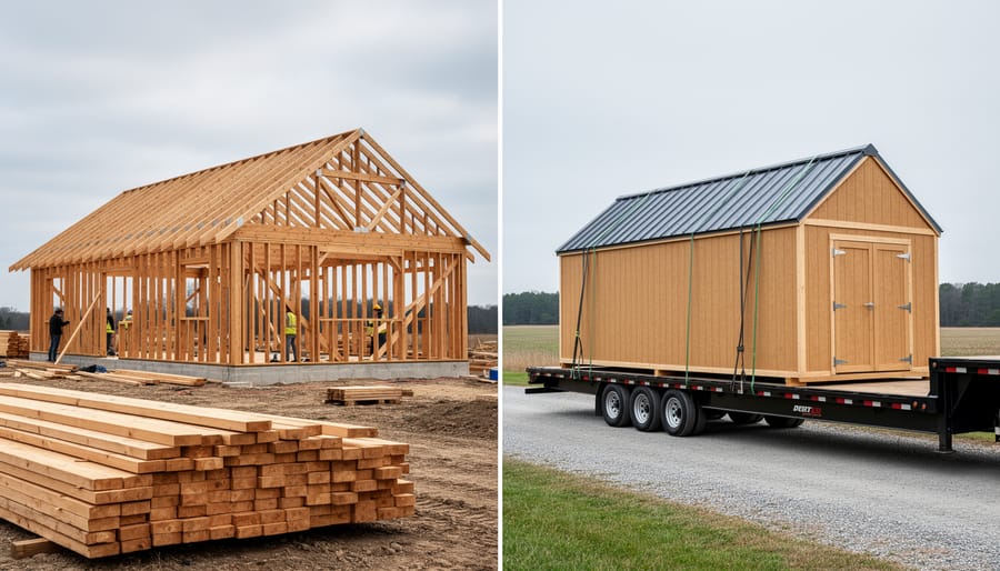 Rural property scene showing a framed on-site barn construction area next to a prefab barn section delivered on a flatbed trailer.