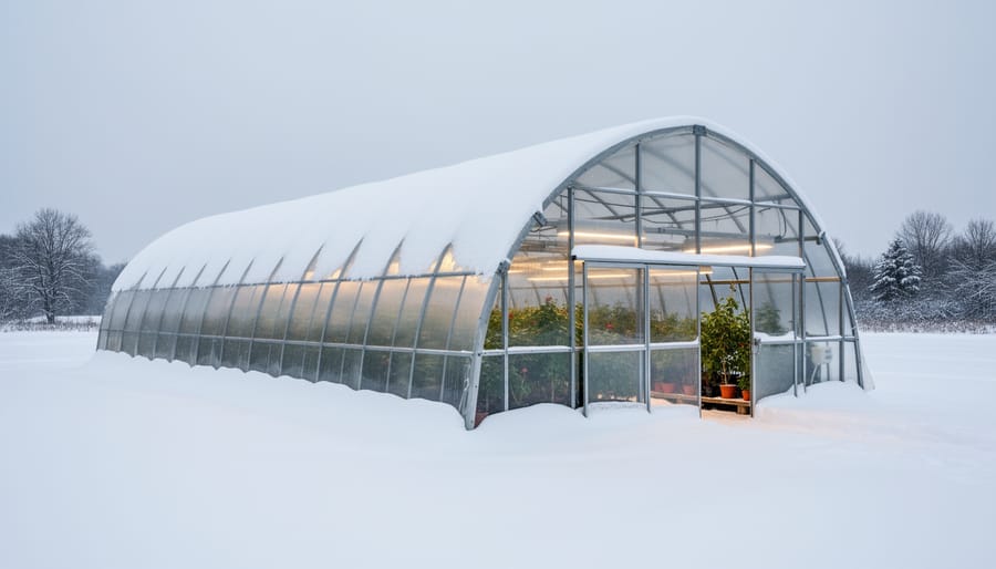 Snow-covered quonset greenhouse exterior with curved metal framework under an overcast sky